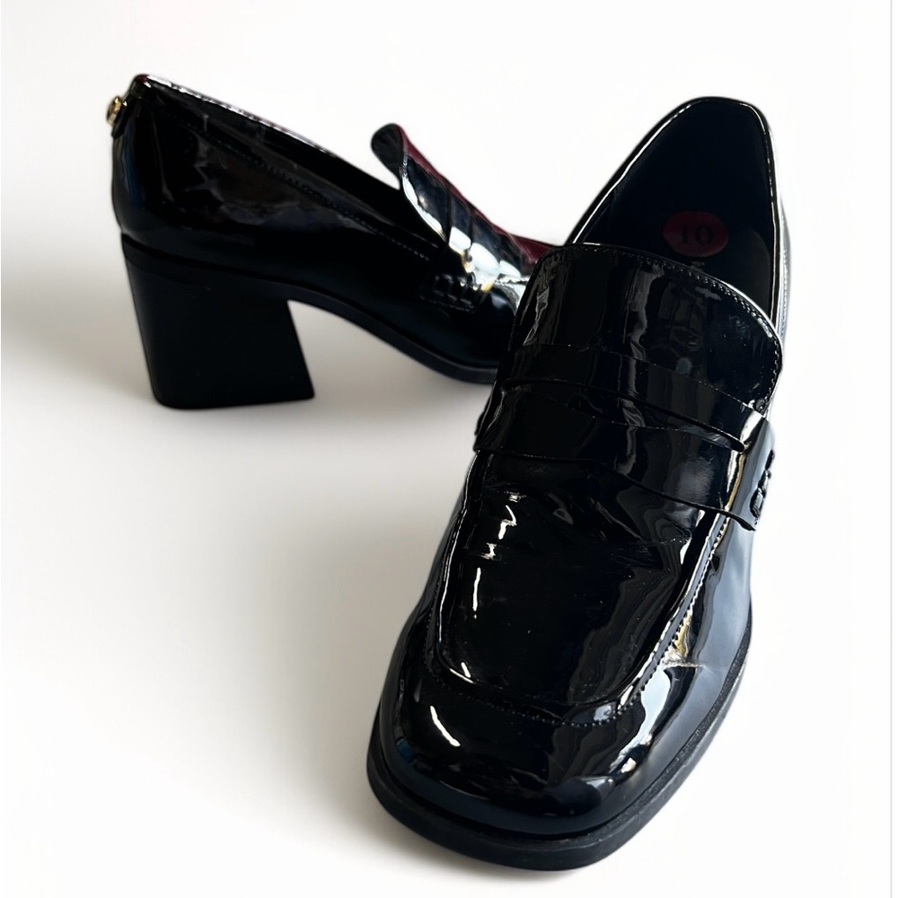 Marc Fisher Black Patent Leather Block Heel Loafers